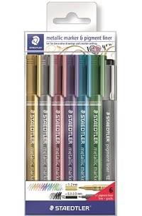 К-т маркери Staedtler Metallic, 6 цвята + тънкописци