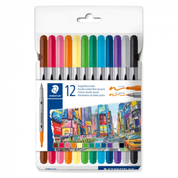 Флумастри Staedtler 3200, двувърхи, 12 цвята, ОСНОВНИ